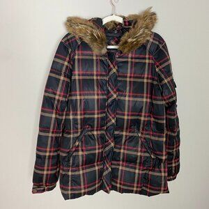 Pendleton Women’s Plaid Coyote Fur Hood Trim Down Parka Jacket Coat Womens L